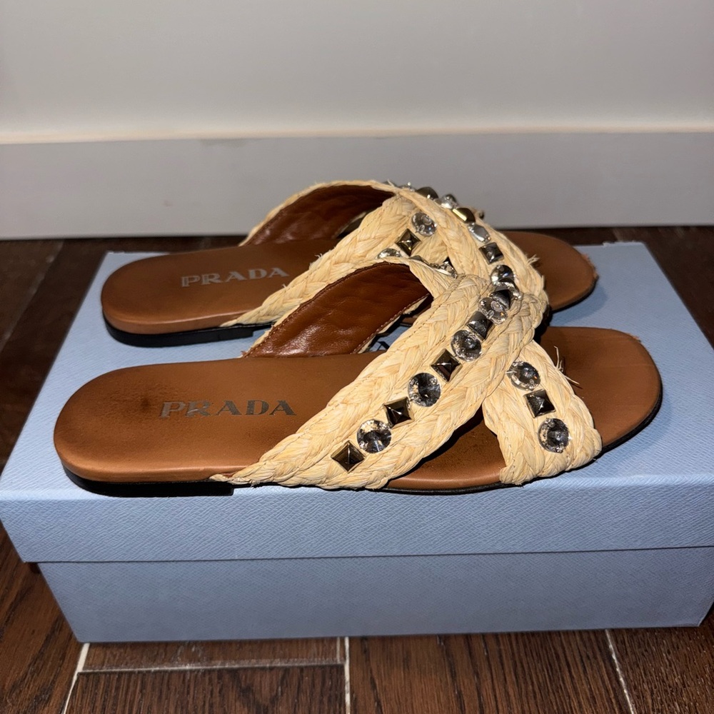 Prada Tan Raffia Crystal-Cross Slide Sandals - Picture 5 of 8